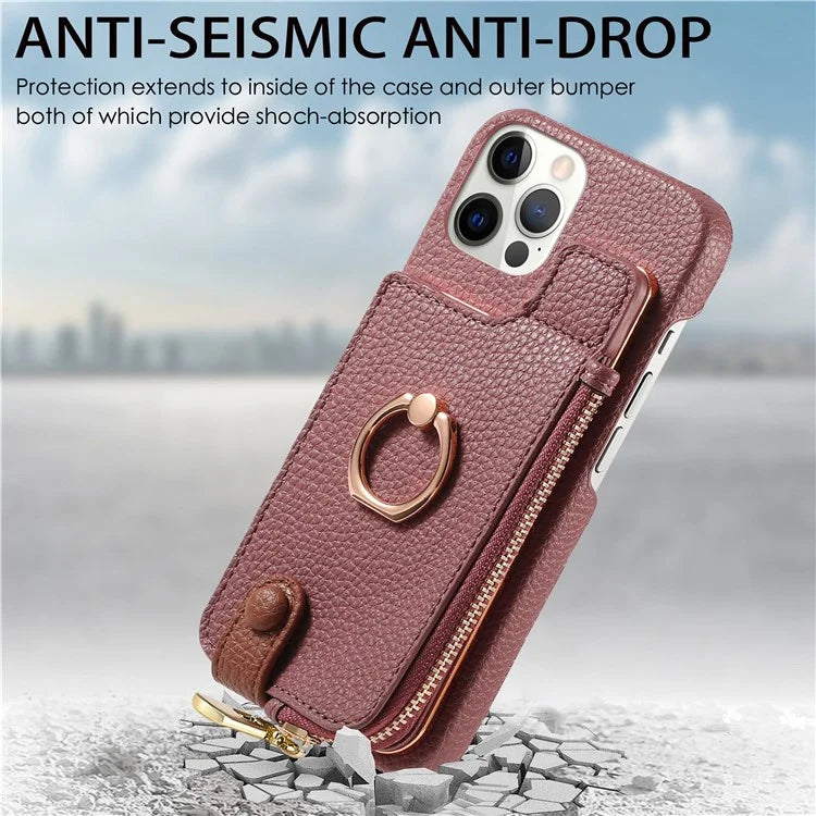 Y3 for iPhone 12 Pro Max Case Zipper Leather Phone Back Cover RFID Blocking Ring Kickstand
