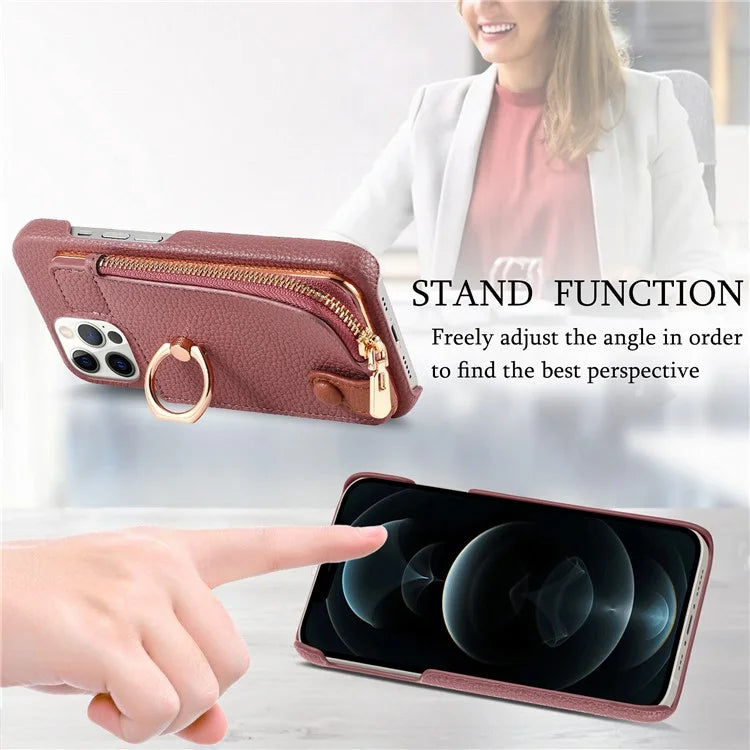 Y3 for iPhone 12 Pro Max Case Zipper Leather Phone Back Cover RFID Blocking Ring Kickstand