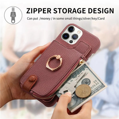 Y3 for iPhone 12 Pro Max Case Zipper Leather Phone Back Cover RFID Blocking Ring Kickstand