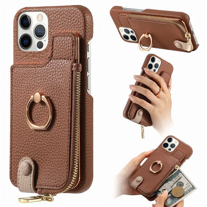 Y3 for iPhone 12 Pro Max Case Zipper Leather Phone Back Cover RFID Blocking Ring Kickstand
