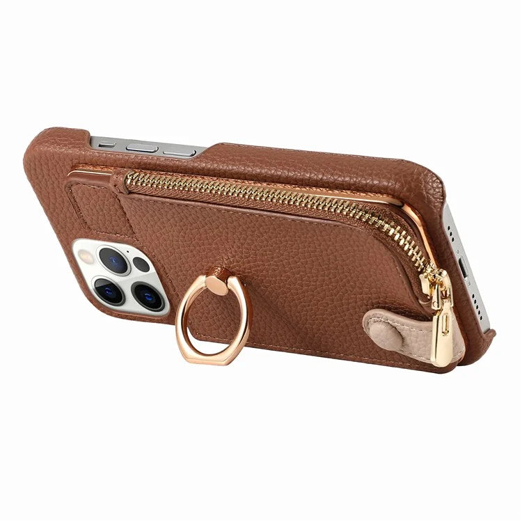 Y3 for iPhone 12 Pro Max Case Zipper Leather Phone Back Cover RFID Blocking Ring Kickstand