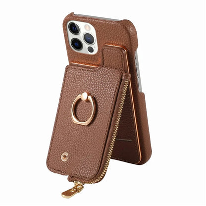 Y3 for iPhone 12 Pro Max Case Zipper Leather Phone Back Cover RFID Blocking Ring Kickstand