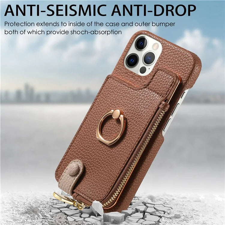Y3 for iPhone 12 Pro Max Case Zipper Leather Phone Back Cover RFID Blocking Ring Kickstand
