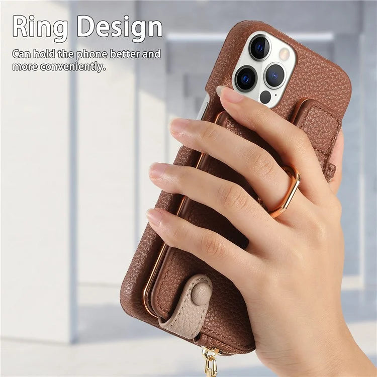 Y3 for iPhone 12 Pro Max Case Zipper Leather Phone Back Cover RFID Blocking Ring Kickstand