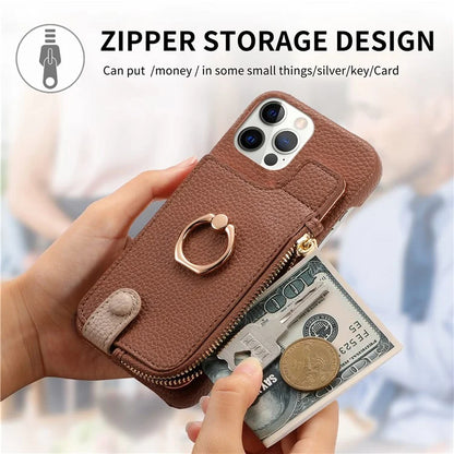 Y3 for iPhone 12 Pro Max Case Zipper Leather Phone Back Cover RFID Blocking Ring Kickstand
