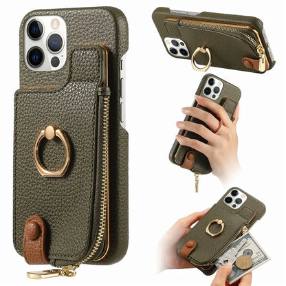 Y3 for iPhone 12 Pro Max Case Zipper Leather Phone Back Cover RFID Blocking Ring Kickstand
