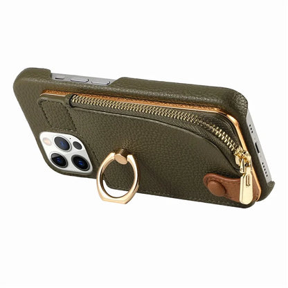 Y3 for iPhone 12 Pro Max Case Zipper Leather Phone Back Cover RFID Blocking Ring Kickstand