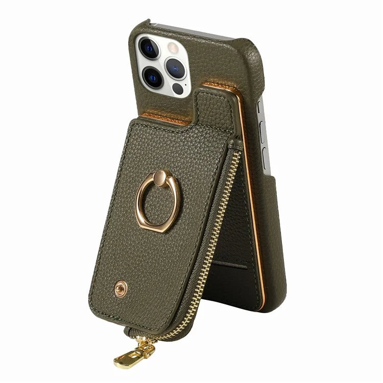 Y3 for iPhone 12 Pro Max Case Zipper Leather Phone Back Cover RFID Blocking Ring Kickstand