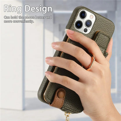 Y3 for iPhone 12 Pro Max Case Zipper Leather Phone Back Cover RFID Blocking Ring Kickstand