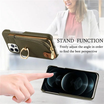 Y3 for iPhone 12 Pro Max Case Zipper Leather Phone Back Cover RFID Blocking Ring Kickstand