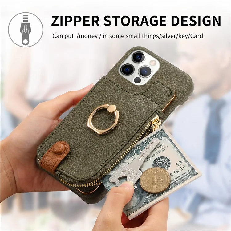 Y3 for iPhone 12 Pro Max Case Zipper Leather Phone Back Cover RFID Blocking Ring Kickstand