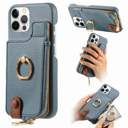 Y3 for iPhone 12 Pro Max Case Zipper Leather Phone Back Cover RFID Blocking Ring Kickstand