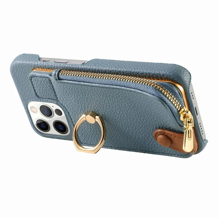 Y3 for iPhone 12 Pro Max Case Zipper Leather Phone Back Cover RFID Blocking Ring Kickstand