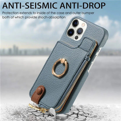 Y3 for iPhone 12 Pro Max Case Zipper Leather Phone Back Cover RFID Blocking Ring Kickstand