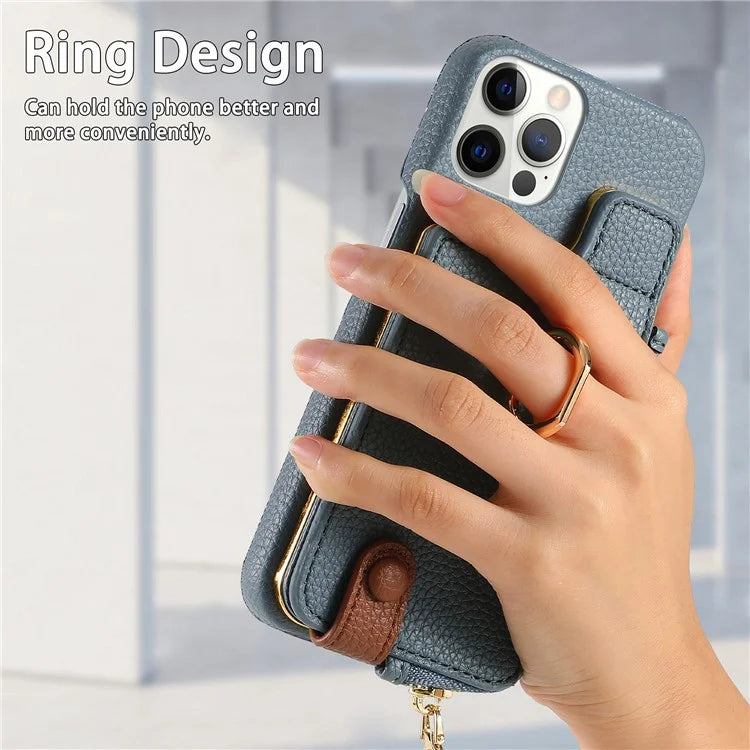 Y3 for iPhone 12 Pro Max Case Zipper Leather Phone Back Cover RFID Blocking Ring Kickstand