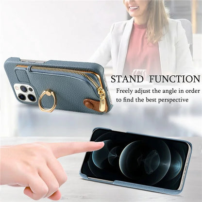 Y3 for iPhone 12 Pro Max Case Zipper Leather Phone Back Cover RFID Blocking Ring Kickstand