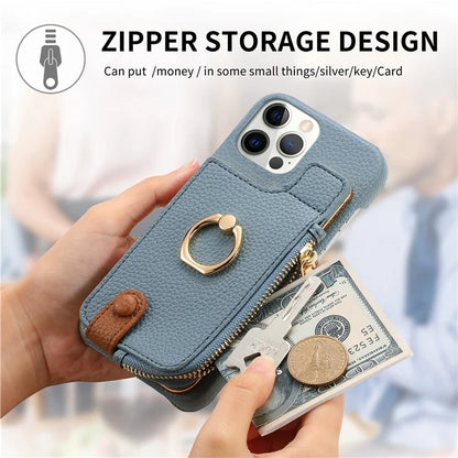 Y3 for iPhone 12 Pro Max Case Zipper Leather Phone Back Cover RFID Blocking Ring Kickstand