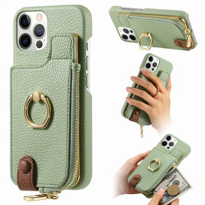 Y3 for iPhone 12 Pro Max Case Zipper Leather Phone Back Cover RFID Blocking Ring Kickstand