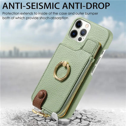 Y3 for iPhone 12 Pro Max Case Zipper Leather Phone Back Cover RFID Blocking Ring Kickstand