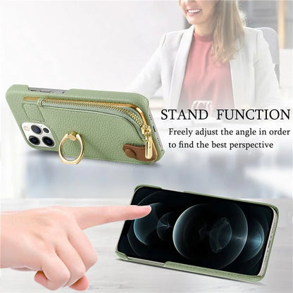 Y3 for iPhone 12 Pro Max Case Zipper Leather Phone Back Cover RFID Blocking Ring Kickstand