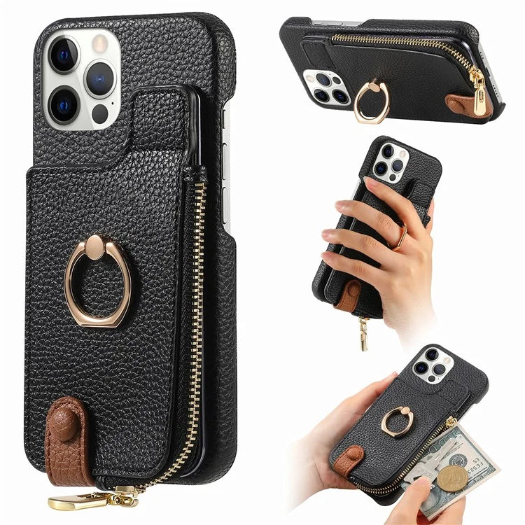 Y3 for iPhone 12 Pro Max Case Zipper Leather Phone Back Cover RFID Blocking Ring Kickstand