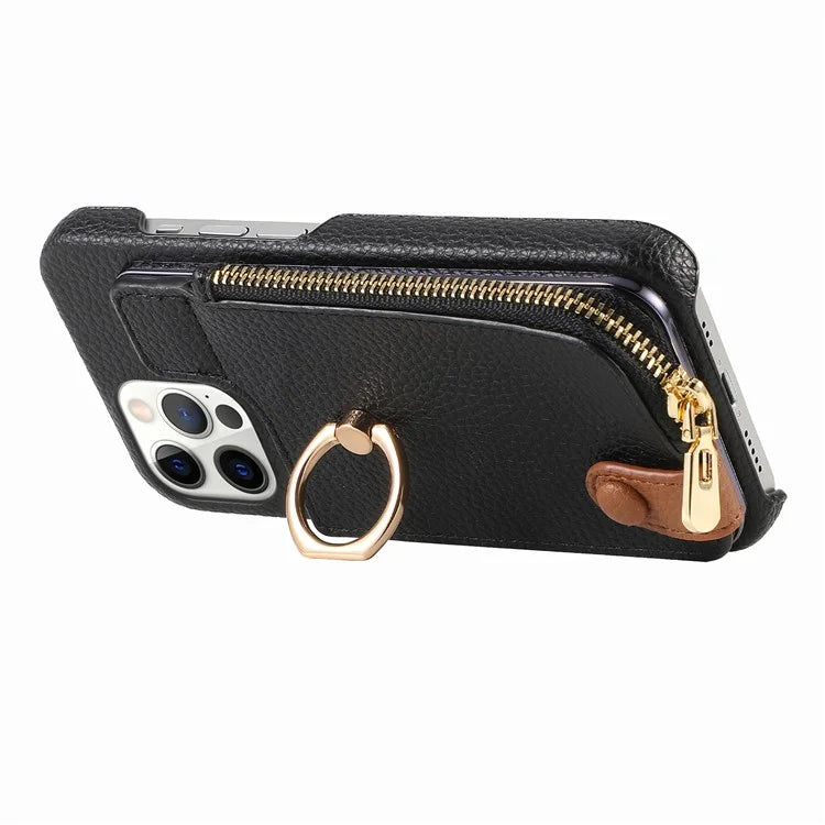 Y3 for iPhone 12 Pro Max Case Zipper Leather Phone Back Cover RFID Blocking Ring Kickstand