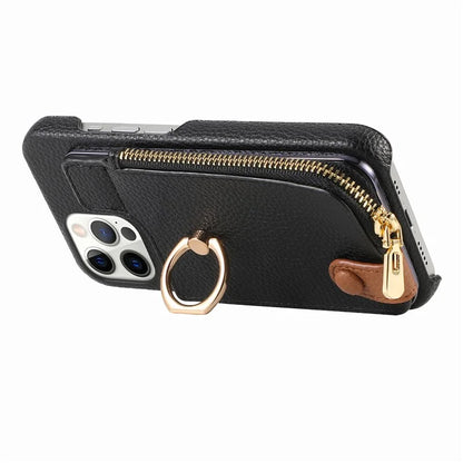 Y3 for iPhone 12 Pro Max Case Zipper Leather Phone Back Cover RFID Blocking Ring Kickstand