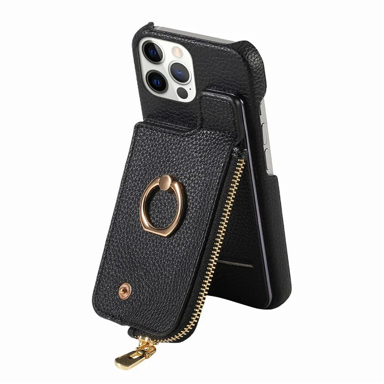Y3 for iPhone 12 Pro Max Case Zipper Leather Phone Back Cover RFID Blocking Ring Kickstand
