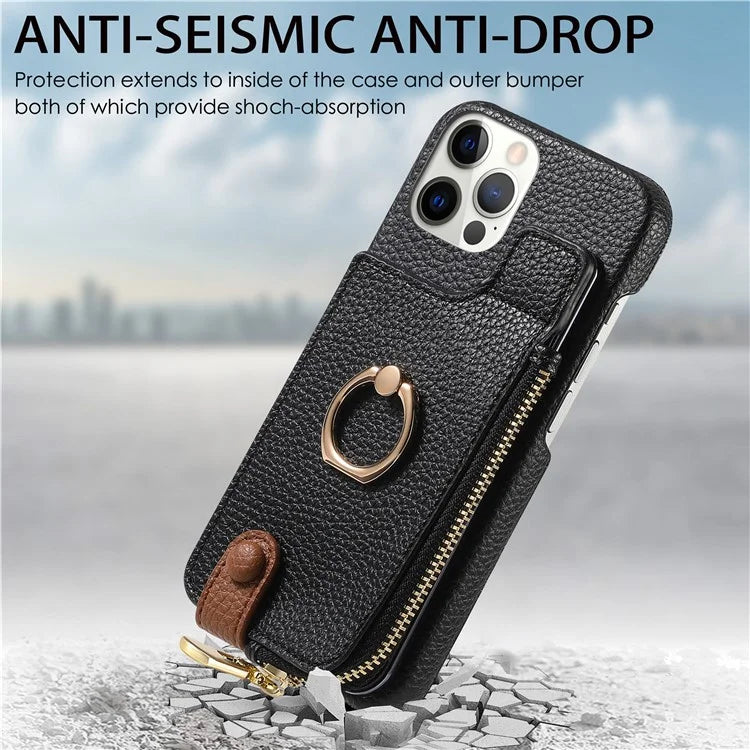 Y3 for iPhone 12 Pro Max Case Zipper Leather Phone Back Cover RFID Blocking Ring Kickstand