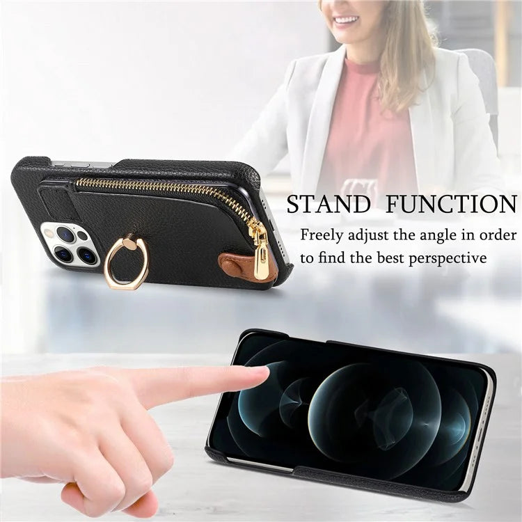 Y3 for iPhone 12 Pro Max Case Zipper Leather Phone Back Cover RFID Blocking Ring Kickstand