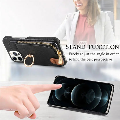 Y3 for iPhone 12 Pro Max Case Zipper Leather Phone Back Cover RFID Blocking Ring Kickstand
