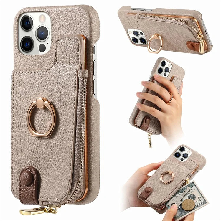 Y3 for iPhone 12 Pro Max Case Zipper Leather Phone Back Cover RFID Blocking Ring Kickstand