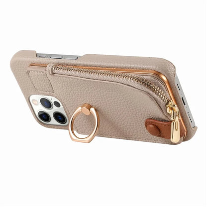 Y3 for iPhone 12 Pro Max Case Zipper Leather Phone Back Cover RFID Blocking Ring Kickstand