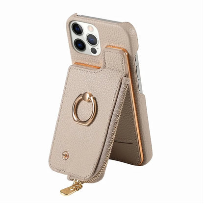 Y3 for iPhone 12 Pro Max Case Zipper Leather Phone Back Cover RFID Blocking Ring Kickstand