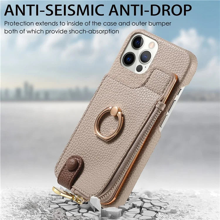 Y3 for iPhone 12 Pro Max Case Zipper Leather Phone Back Cover RFID Blocking Ring Kickstand