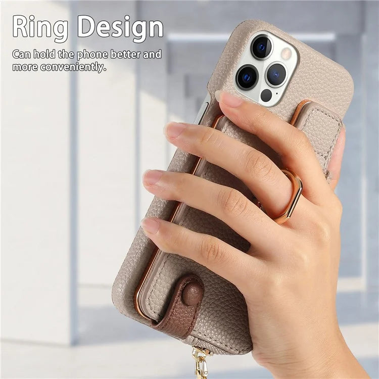 Y3 for iPhone 12 Pro Max Case Zipper Leather Phone Back Cover RFID Blocking Ring Kickstand