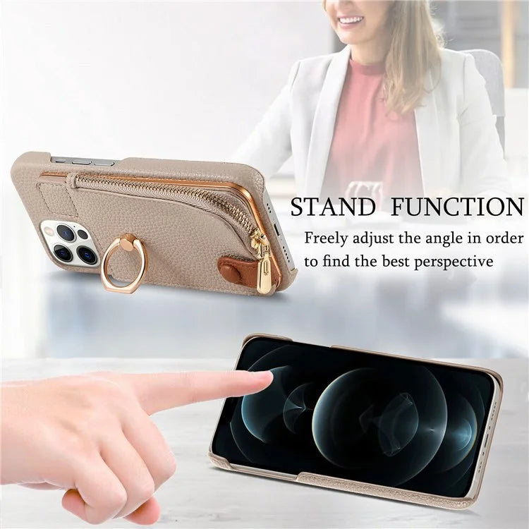 Y3 for iPhone 12 Pro Max Case Zipper Leather Phone Back Cover RFID Blocking Ring Kickstand