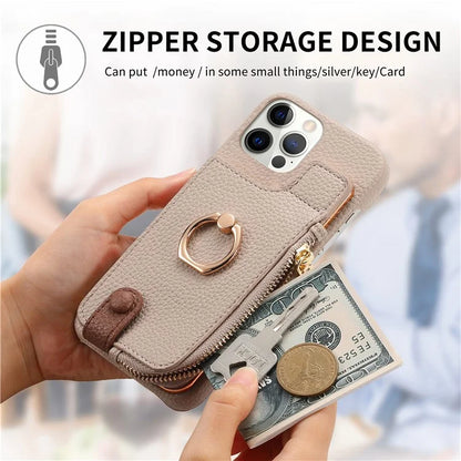 Y3 for iPhone 12 Pro Max Case Zipper Leather Phone Back Cover RFID Blocking Ring Kickstand
