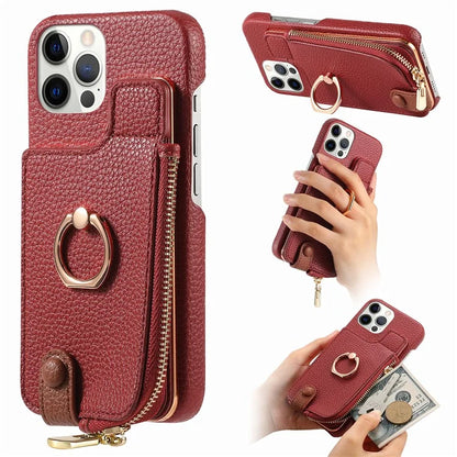 Y3 for iPhone 12 Pro Max Case Zipper Leather Phone Back Cover RFID Blocking Ring Kickstand