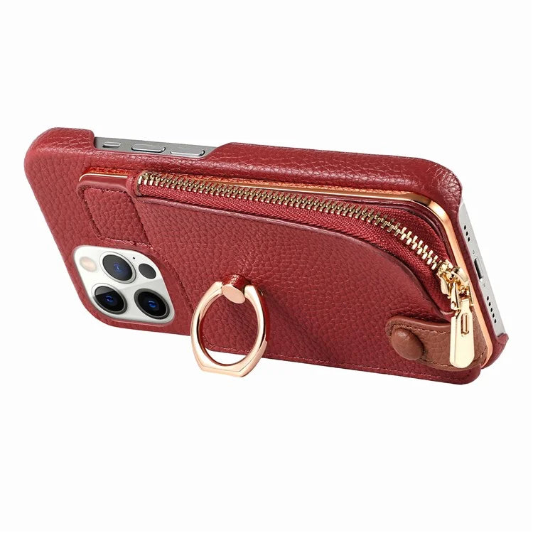 Y3 for iPhone 12 Pro Max Case Zipper Leather Phone Back Cover RFID Blocking Ring Kickstand
