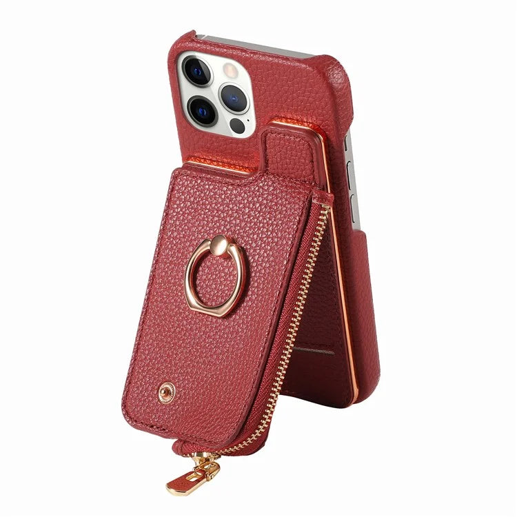 Y3 for iPhone 12 Pro Max Case Zipper Leather Phone Back Cover RFID Blocking Ring Kickstand