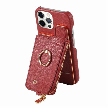 Y3 for iPhone 12 Pro Max Case Zipper Leather Phone Back Cover RFID Blocking Ring Kickstand