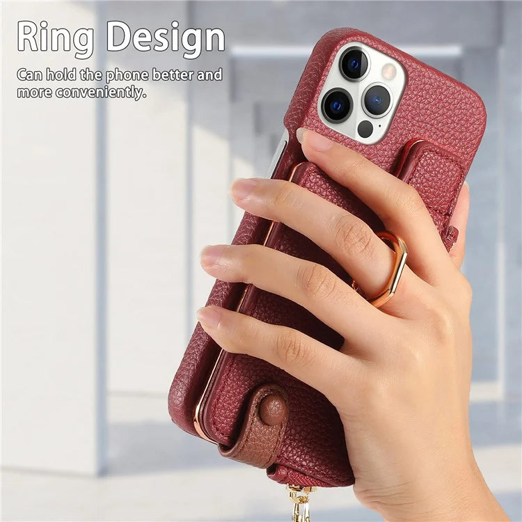 Y3 for iPhone 12 Pro Max Case Zipper Leather Phone Back Cover RFID Blocking Ring Kickstand