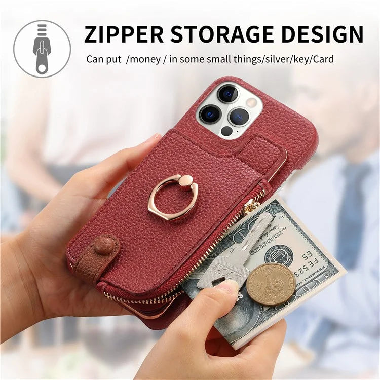 Y3 for iPhone 12 Pro Max Case Zipper Leather Phone Back Cover RFID Blocking Ring Kickstand