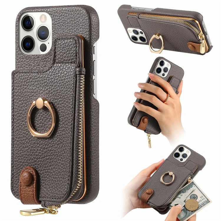 Y3 for iPhone 12 Pro Max Case Zipper Leather Phone Back Cover RFID Blocking Ring Kickstand