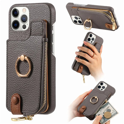 Y3 for iPhone 12 Pro Max Case Zipper Leather Phone Back Cover RFID Blocking Ring Kickstand