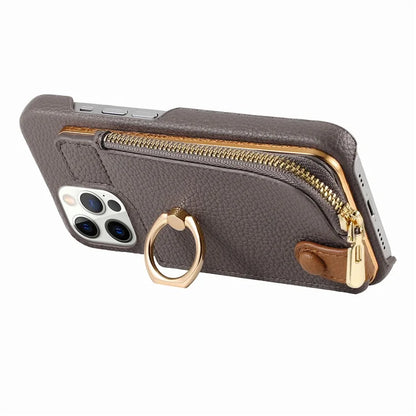 Y3 for iPhone 12 Pro Max Case Zipper Leather Phone Back Cover RFID Blocking Ring Kickstand