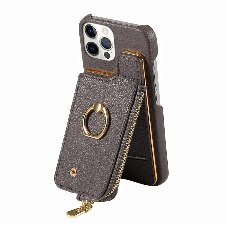 Y3 for iPhone 12 Pro Max Case Zipper Leather Phone Back Cover RFID Blocking Ring Kickstand
