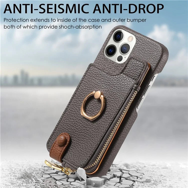 Y3 for iPhone 12 Pro Max Case Zipper Leather Phone Back Cover RFID Blocking Ring Kickstand