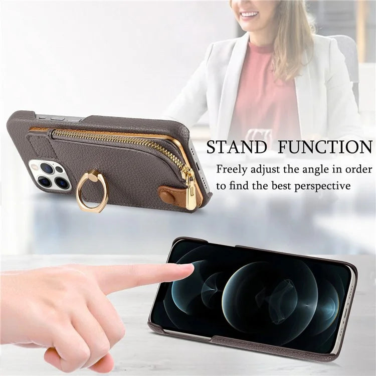 Y3 for iPhone 12 Pro Max Case Zipper Leather Phone Back Cover RFID Blocking Ring Kickstand